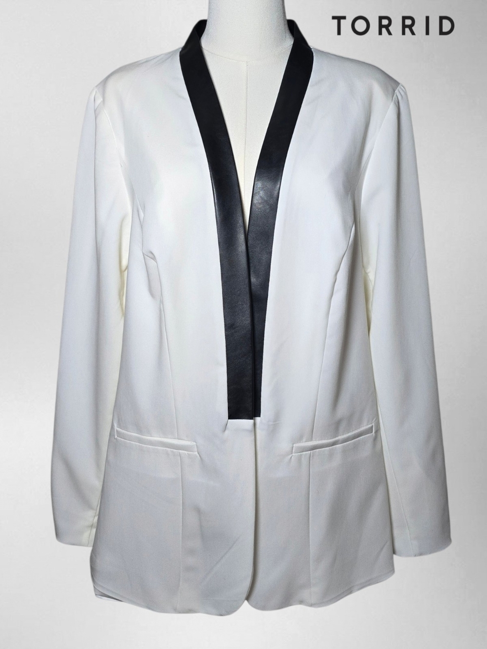 TORRID White Open-Front Blazer with Black Faux Leather Trim - 1